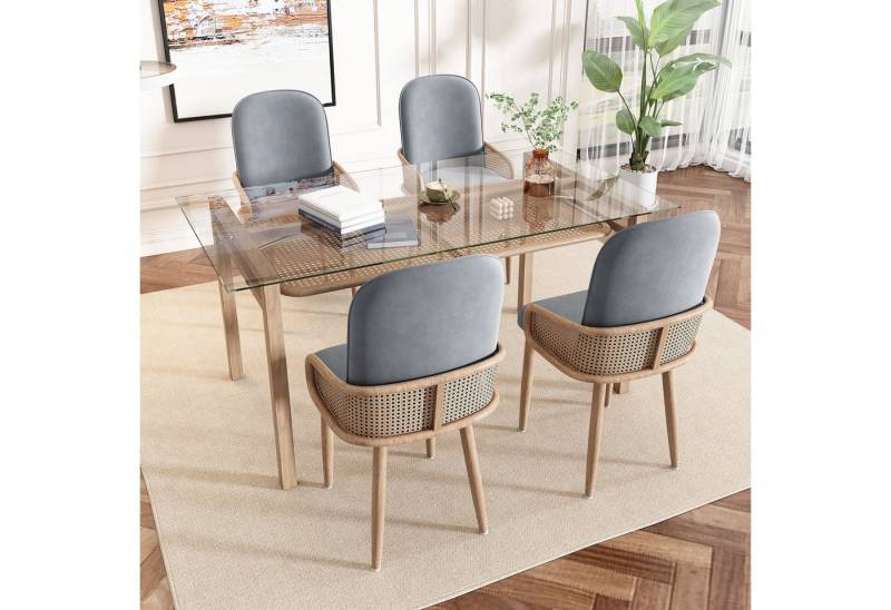 Celya Essgruppe Esszimmertisch und Stuhlset,Esstisch und 4 Stühle (5-tlg), (Set, Tisch mit 4 Stuhlen), Tischplatte aus gehärtetem Glas,Samt-Esszimmerstühle von Celya