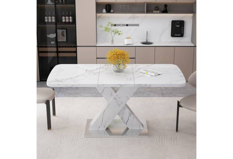 Celya Esstisch 120 cm–160 cm großer moderner quadratischer Esstisch (MDF-Tischbeinen in X-Form mit Metallfuß), ausziehbar, mit Tischplatte aus bedrucktem weißem Marmor von Celya