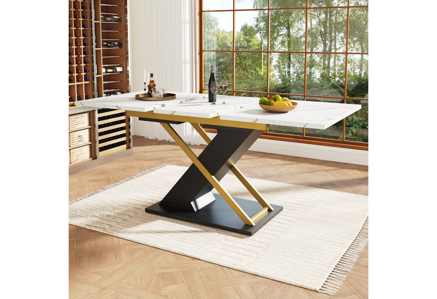 Celya Esstisch Teleskoptisch,Esstisch Ausziehtisch MDF Tischplatte Mit Marmormustern (Doppelnutzung für Heim & Büro), Küchen-Wohnzimmertisch mit goldenen Kreuzbeinen 120-160×80cm von Celya