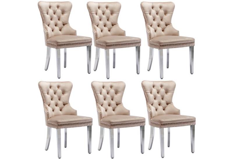 Celya Esszimmerstuhl Küchenstuhl Wohnzimmerstuhl mit einzigartigem Türklopfer auf Rückseite (6 St), Gepolsterter Stuhl mit Nagelkopfbesatz, Metallbeinen, Samtbezug, Beige von Celya
