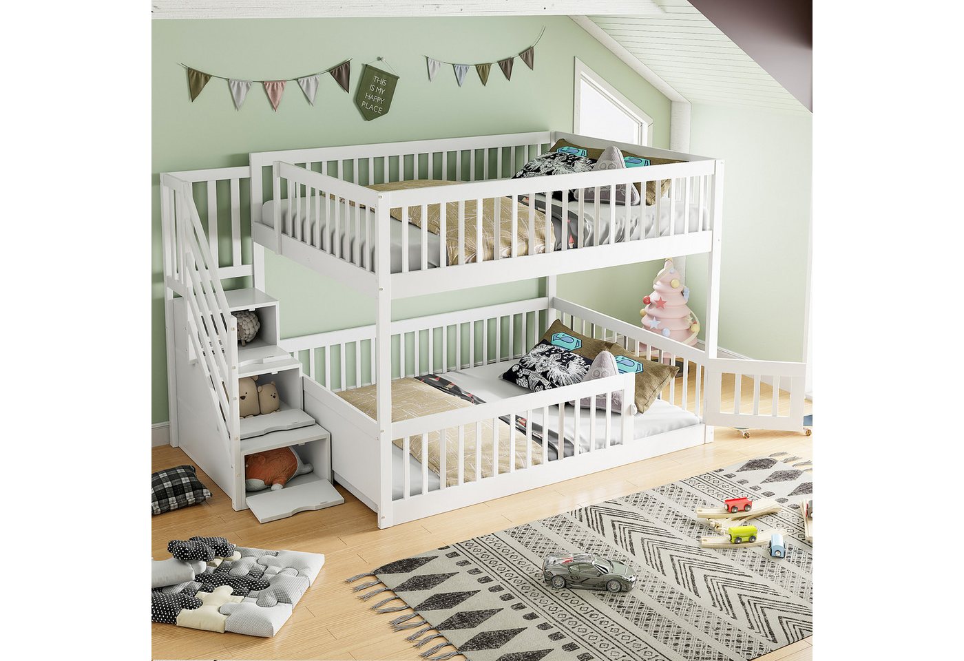 Celya Etagenbett 140 x200 Kinderbett mit Sicherheitstreppe und Schubladen (für Kinder, Jugendliche), weißes Holzeinzelbett mit Stauraumbett von Celya