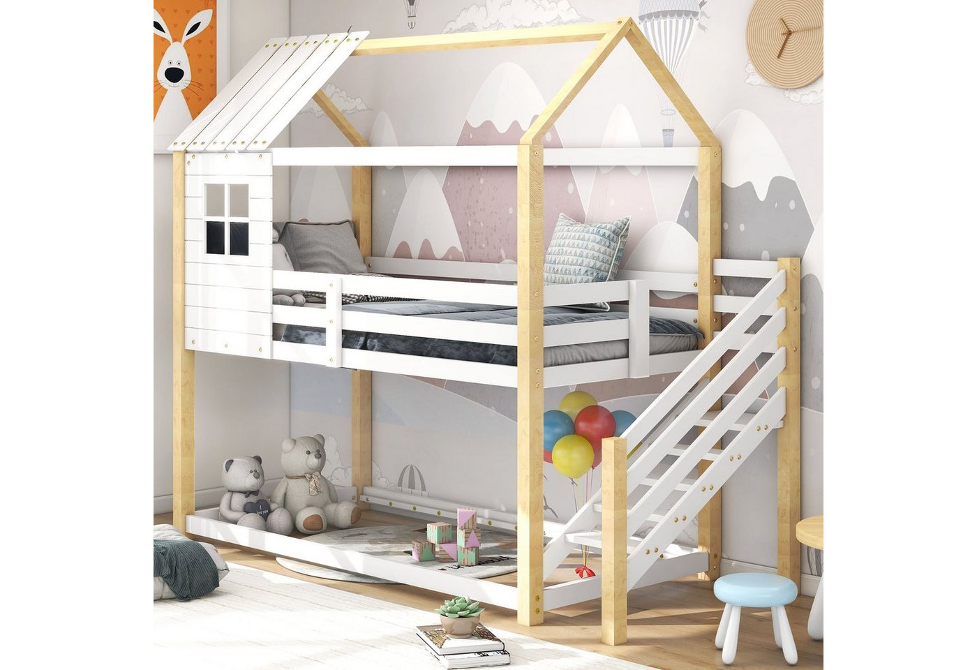 Celya Etagenbett Hausbett Kinderbett 90x200cm mit Fallschutz und Gitter, Bett mit Ecktreppe, Rahmen aus Kiefer von Celya