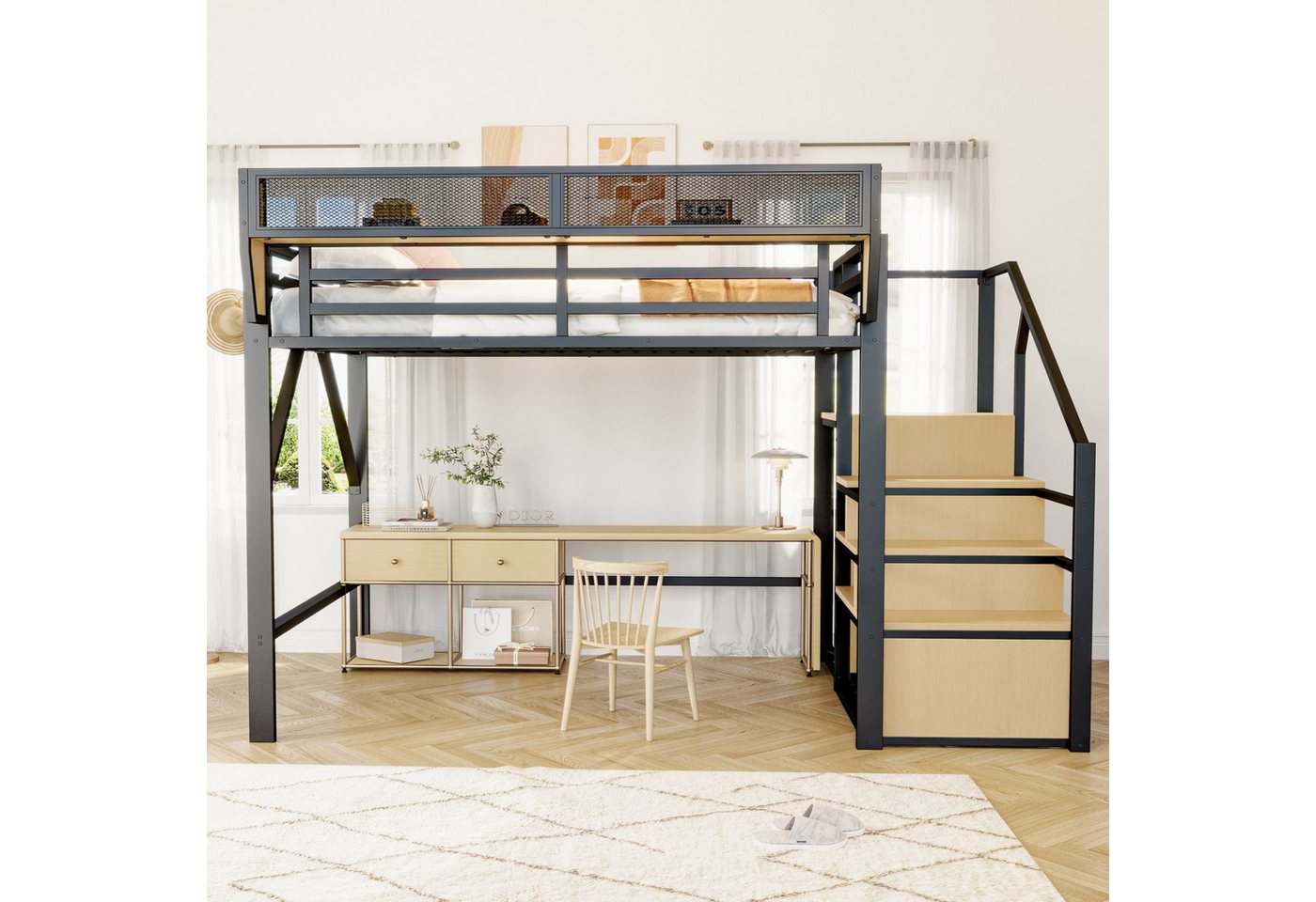 Celya Etagenbett Hochbett 140x200 mit Sicherheitsleiter und flexiblem Staufach, Metallbett Erwachsenenbett Kinder-Etagenbett von Celya