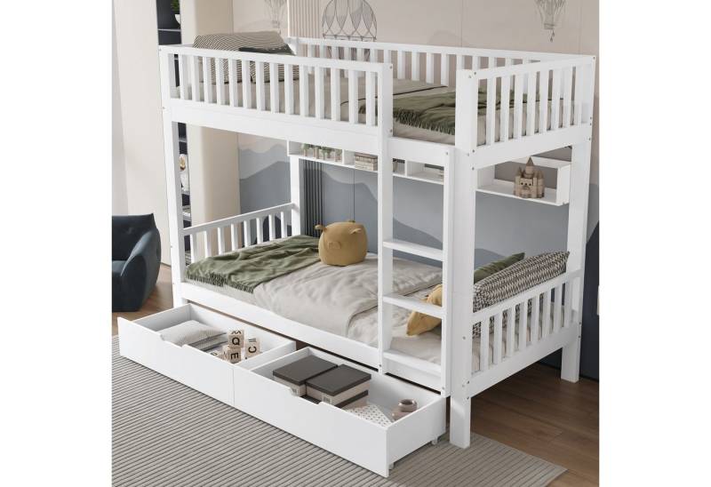 Celya Etagenbett Kinderbett Kiefernholzrahmen 90x200cm, mit Fallschutzgitter und MDF-Schubladen von Celya