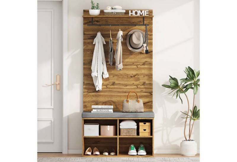 Celya Garderoben-Set 175 cm hohes Garderobenset in Holzoptik mit Schuhbank, (Praktische Flurmöbel), verstellbarem Regal, Kleiderstange und Polster, 84 x 32 cm von Celya