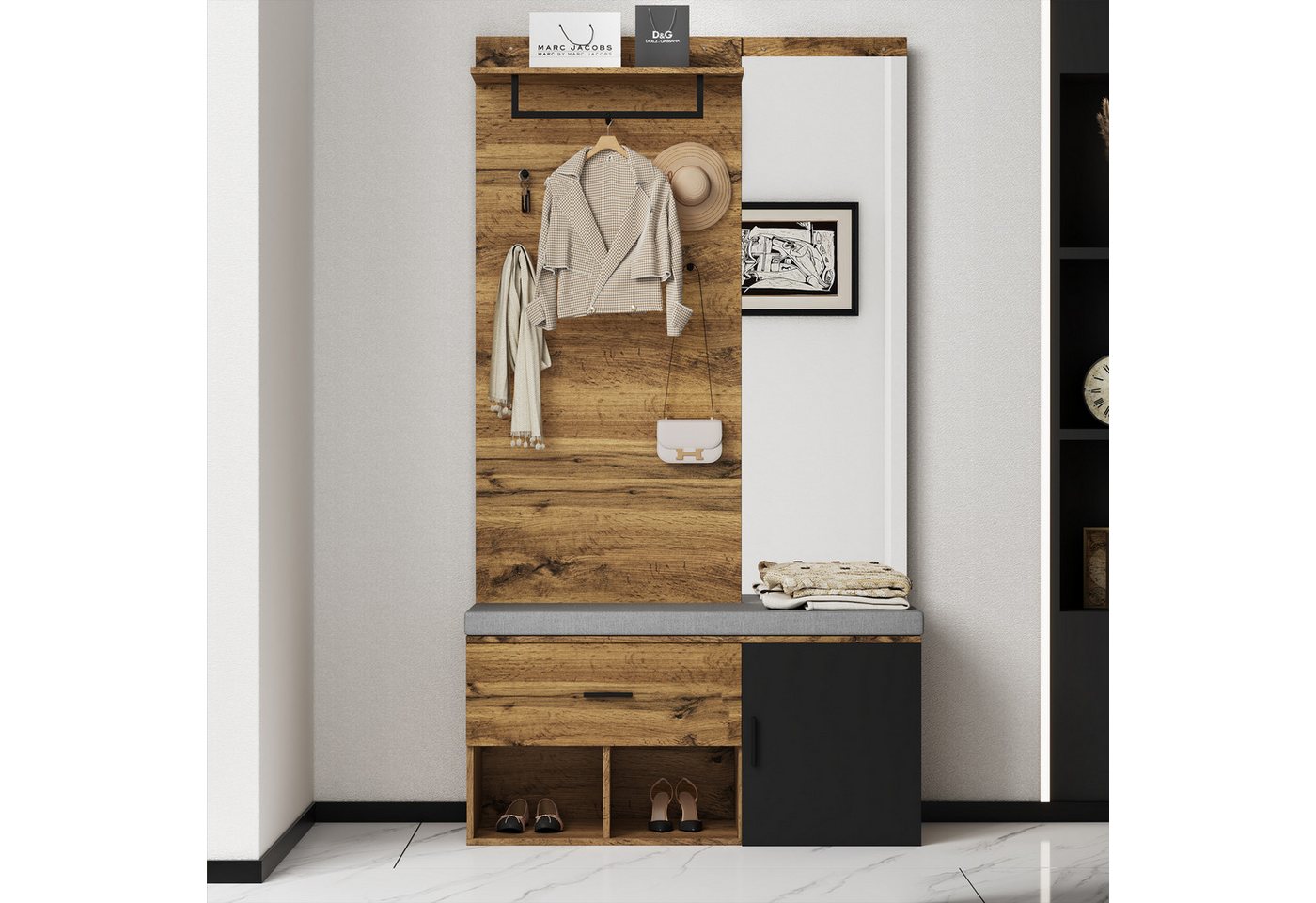 Celya Garderoben-Set 190 cm hohes Garderobenset in Holzoptik mit Spiegel, (Praktisches Design für den Eingangsbereich, Schublade, Regal, Kleiderhaken), Schuhbank (104 x 39 cm) mit Polster, Schuhschrank von Celya