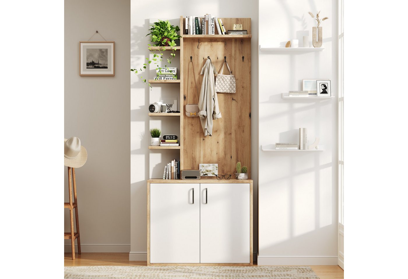 Celya Garderoben-Set 75*33*180cm Garderobenständer mit Garderobe, (Original Holzfarbe + weißes, Flurschrank mit 5-lagiger Stauraumeinteilung und Stauraumschränken), Schuhaufbewahrung, Flurausstattung mit Kleiderhaken von Celya