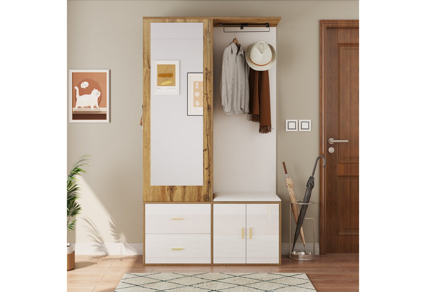 Celya Garderoben-Set Edles Garderobenset mit Spiegel, Schuhschrank, Schuhbank, (in Weiß- und Holzfarben), mit Haken und ausziehbarer Kleiderstange von Celya