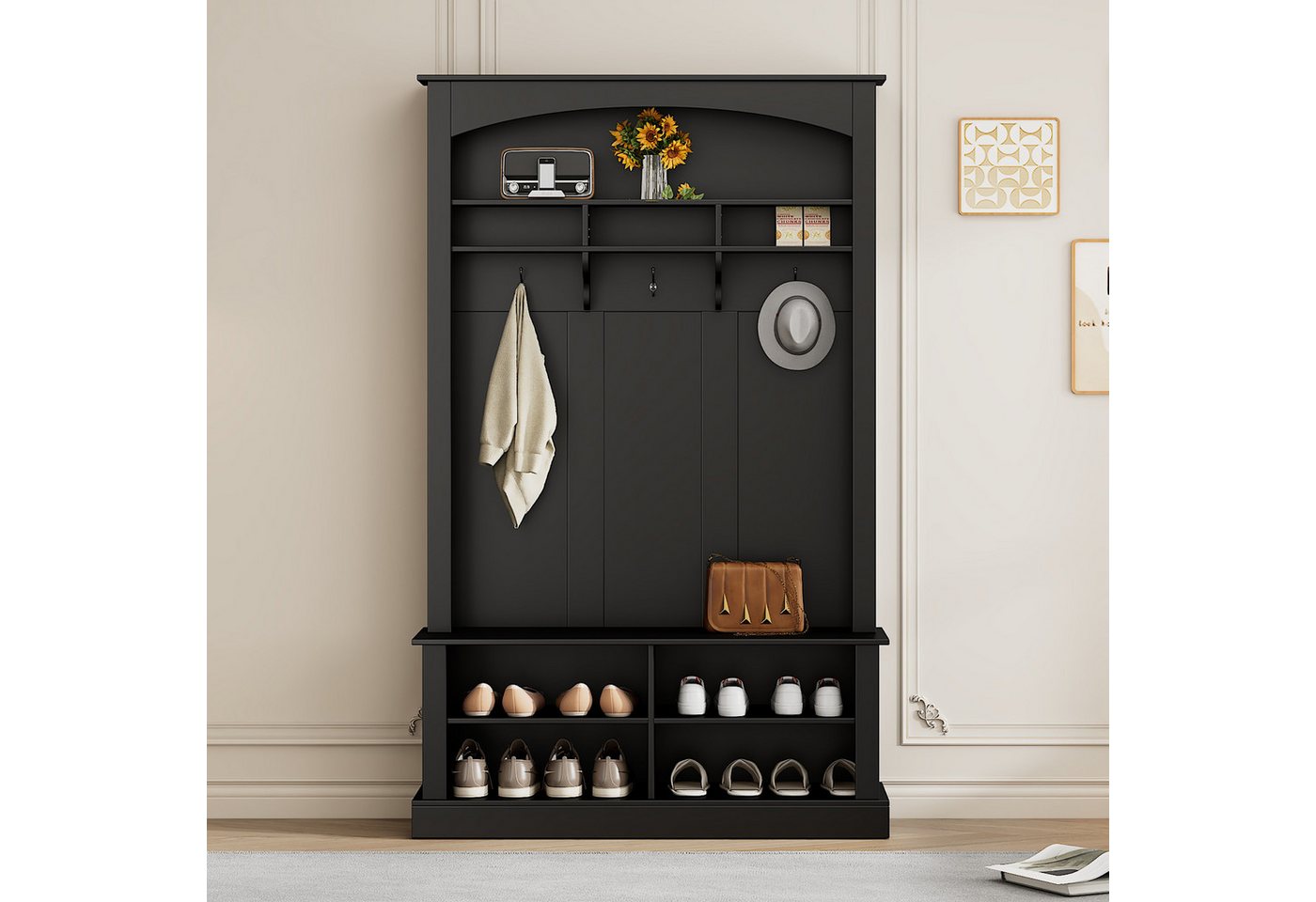 Celya Garderoben-Set Garderoben-Set mit Bank und Schuhablage, (offenem Stauraum, Schwarz, H190/B120/T40 cm, rechteckige Aufbewahrung & Regale Garderobe für Flur), multifunktionale Aufbewahrungsbank mit 3 hängenden Haken von Celya
