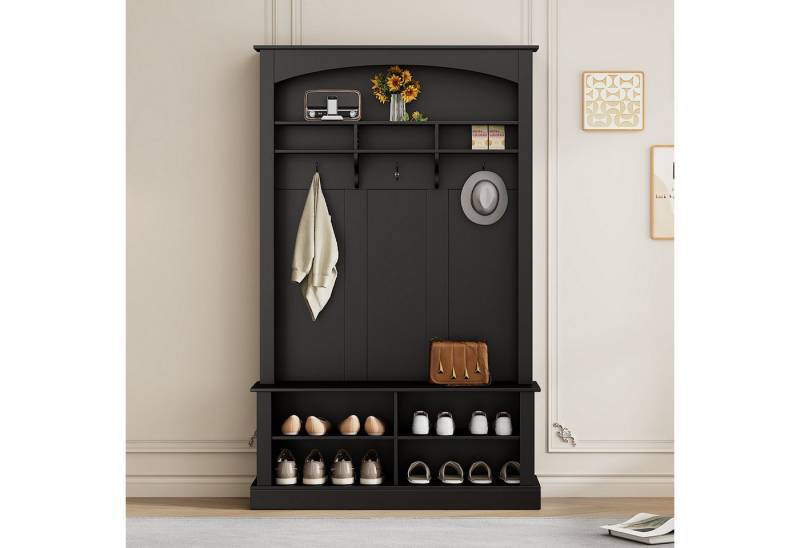 Celya Garderoben-Set Garderoben-Set mit Bank und Schuhablage, (offenem Stauraum, Schwarz, H190/B120/T40 cm, rechteckige Aufbewahrung & Regale Garderobe für Flur), multifunktionale Aufbewahrungsbank mit 3 hängenden Haken von Celya