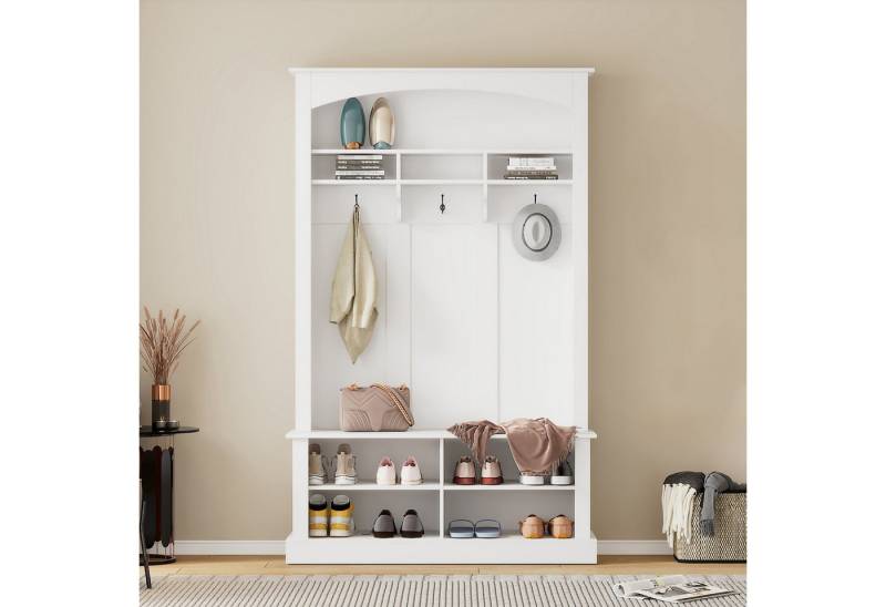 Celya Garderoben-Set Garderoben-Set mit Bank und Schuhablage, (offenem Stauraum, Weiß, H190/B120/T40 cm, rechteckige Aufbewahrung & Regale Garderobe für Flur), multifunktionale Aufbewahrungsbank mit 3 hängenden Haken von Celya