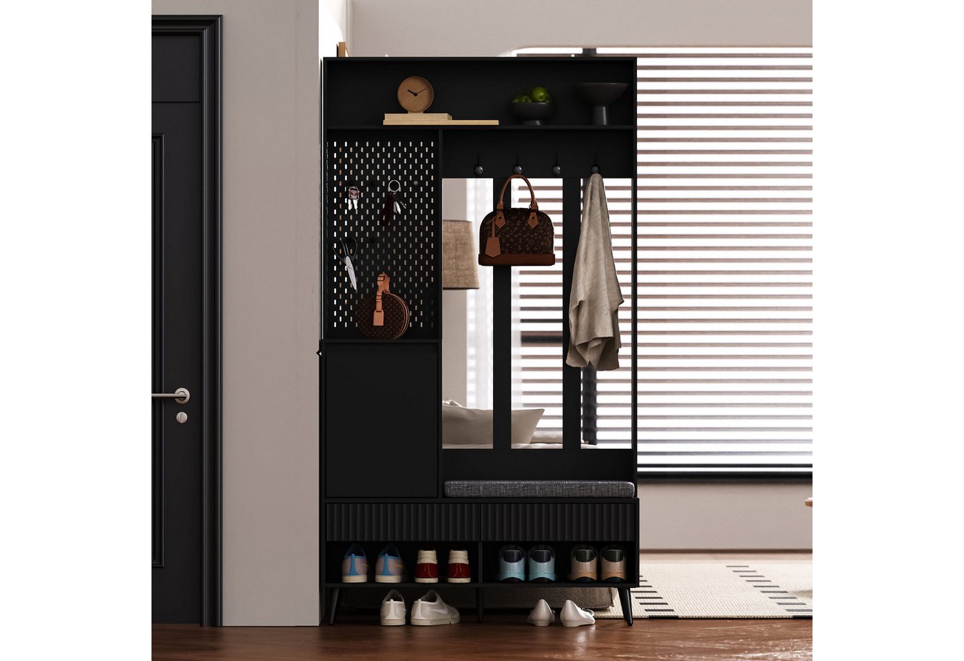 Celya Garderoben-Set Garderoben-set, Wandgarderobe, Flurgarderobe Set mit Schuhbank, (Schwarz,100 Lx35Bx180H cm), Garderoben Set mit 4 Kleiderhaken, zwei Schubladen und 1 Türen von Celya