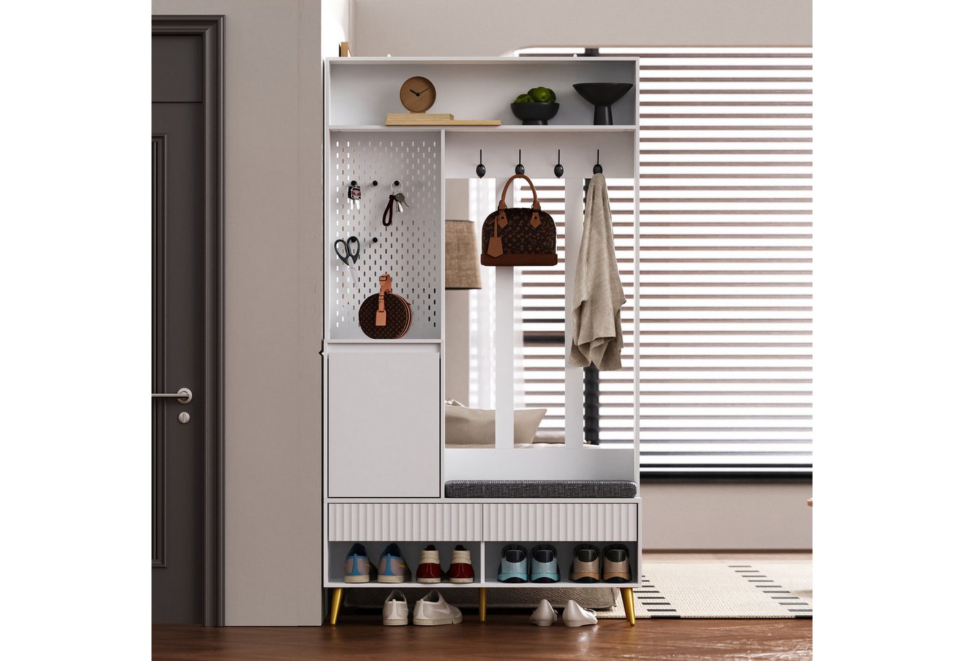 Celya Garderoben-Set Garderoben-set, Wandgarderobe, Flurgarderobe Set mit Schuhbank, (Weiß, 100 Lx35Bx180H cm), Garderoben Set mit 4 Kleiderhaken, zwei Schubladen und 1 Türen von Celya