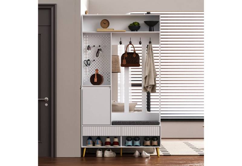 Celya Garderoben-Set Garderoben-set, Wandgarderobe, Flurgarderobe Set mit Schuhbank, (Weiß, 100 Lx35Bx180H cm), Garderoben Set mit 4 Kleiderhaken, zwei Schubladen und 1 Türen von Celya