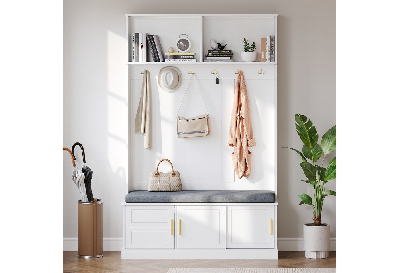 Celya Garderoben-Set Garderobenständer mit Schuhbank, Garderobe, 6 Dreifach-Haken, (Weiß, 120×40×191cm), freistehend, platzsparend, für Eingangsbereich, Flur von Celya