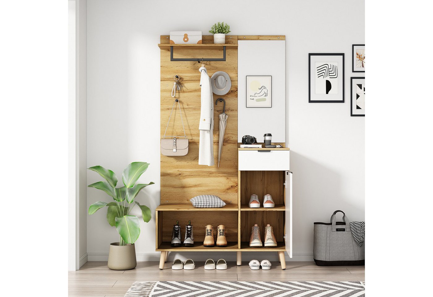 Celya Garderoben-Set Multifunktionales 190 cm hohes Garderobenset aus Holz mit Spiegel, (Modernes Design mit hydraulischen Scharnieren und praktischem Stauraum), Schuhbank, Schuhschrank, Schublade, Regal und Kleiderhaken von Celya