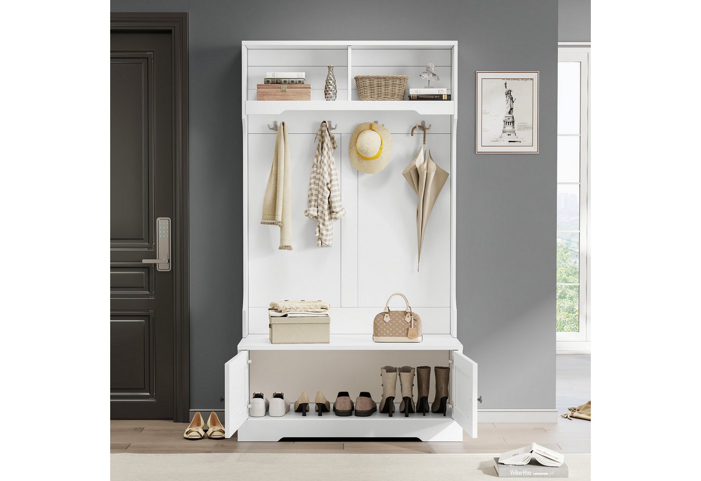 Celya Garderoben-Set Weißer Eingangsschrank mit Stauraum an der Unterseite des Sitzes, (Kleiderständer, Garderobe, Schuhschrank, zur offenen Aufbewahrung), mit 4 Haken zum Aufhängen und 2 Fächern an der Oberseite von Celya