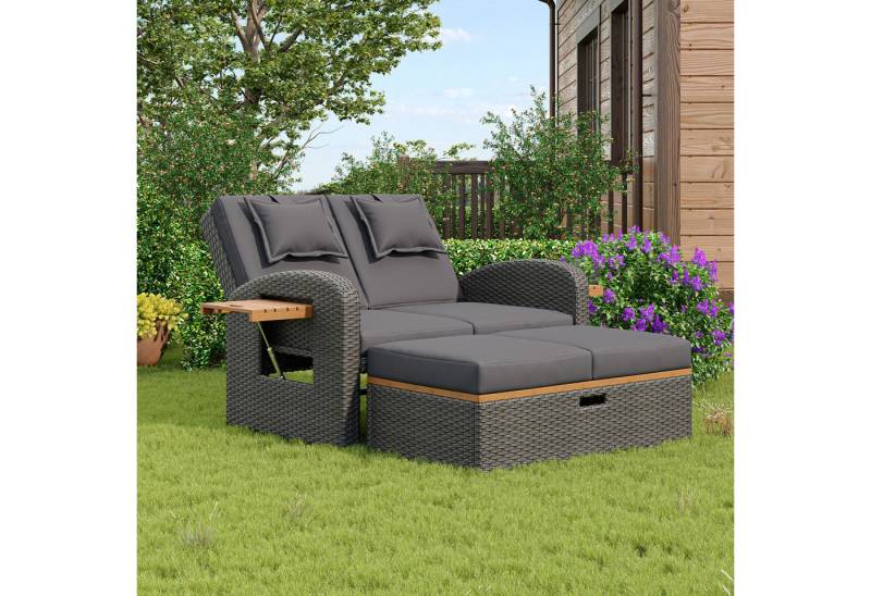Celya Gartenlounge-Set Gartenlounge-Set, Rattan outdoor liege für zwei, Gartenliege klappbar, (Sonnenliege Doppelliege 2 Personen Klapptisch, Gartenliege mit seitlichem Regal, Individuell einstellbarer Winkel), mit Fußhocker oder als Outdoor-Bett nutzbar von Celya