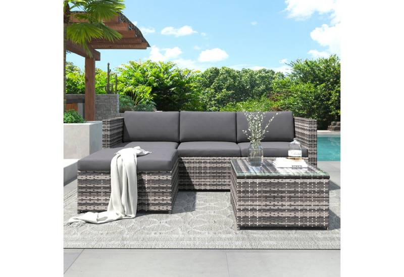 Celya Gartenlounge-Set Gartenlounges für 4 Personen, Gartenmöbel mit Ecksofa und Tisch, (Couchgarnitur mit Sitz- und Rückenkissen, Lounge-Tisch mit Glasplatte), Polyrattan Lounge-Sofagarnitur, Lounge-Gartenmöbel, Ecksofa von Celya