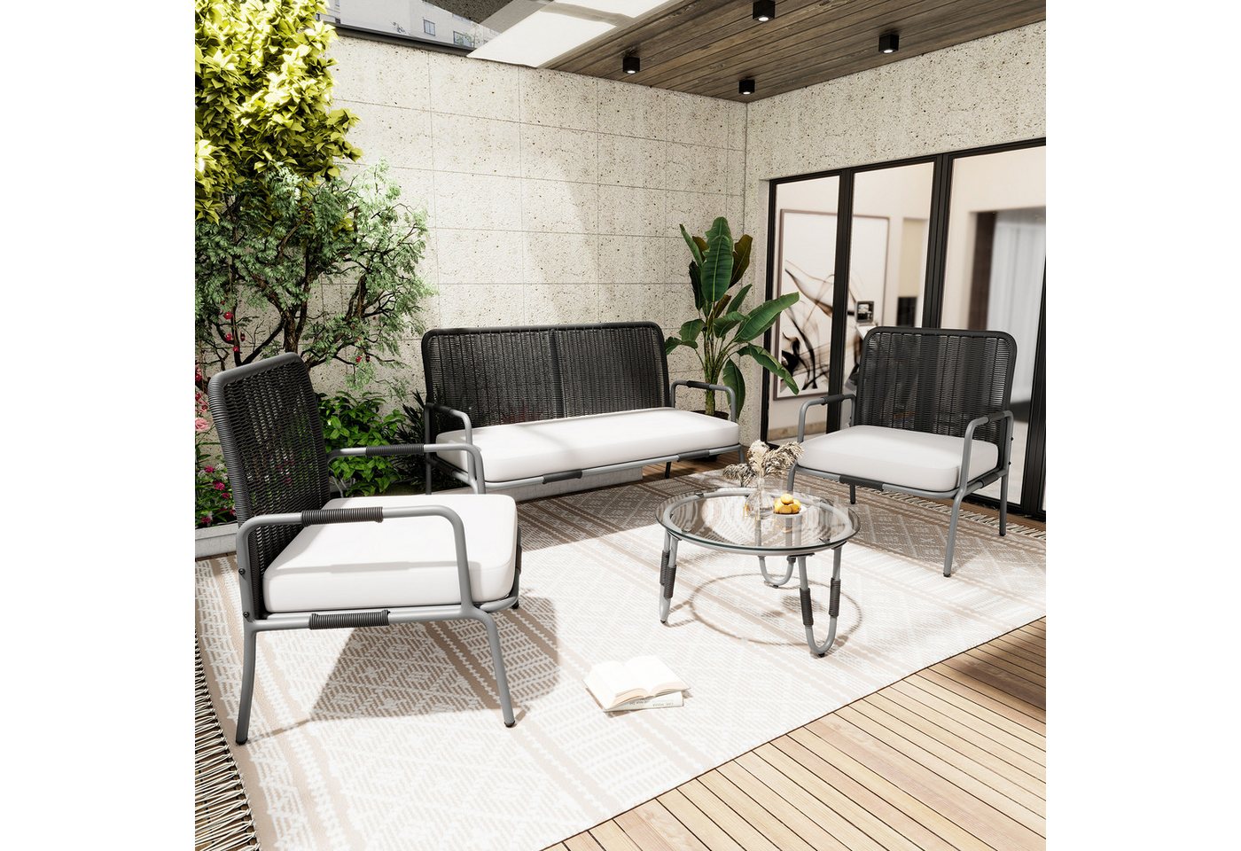 Celya Gartenlounge-Set Poly Rattan Sitzgruppe,Gartenmöbel für 4 Personen, mit Sessel, Couchtisch und Kissen von Celya