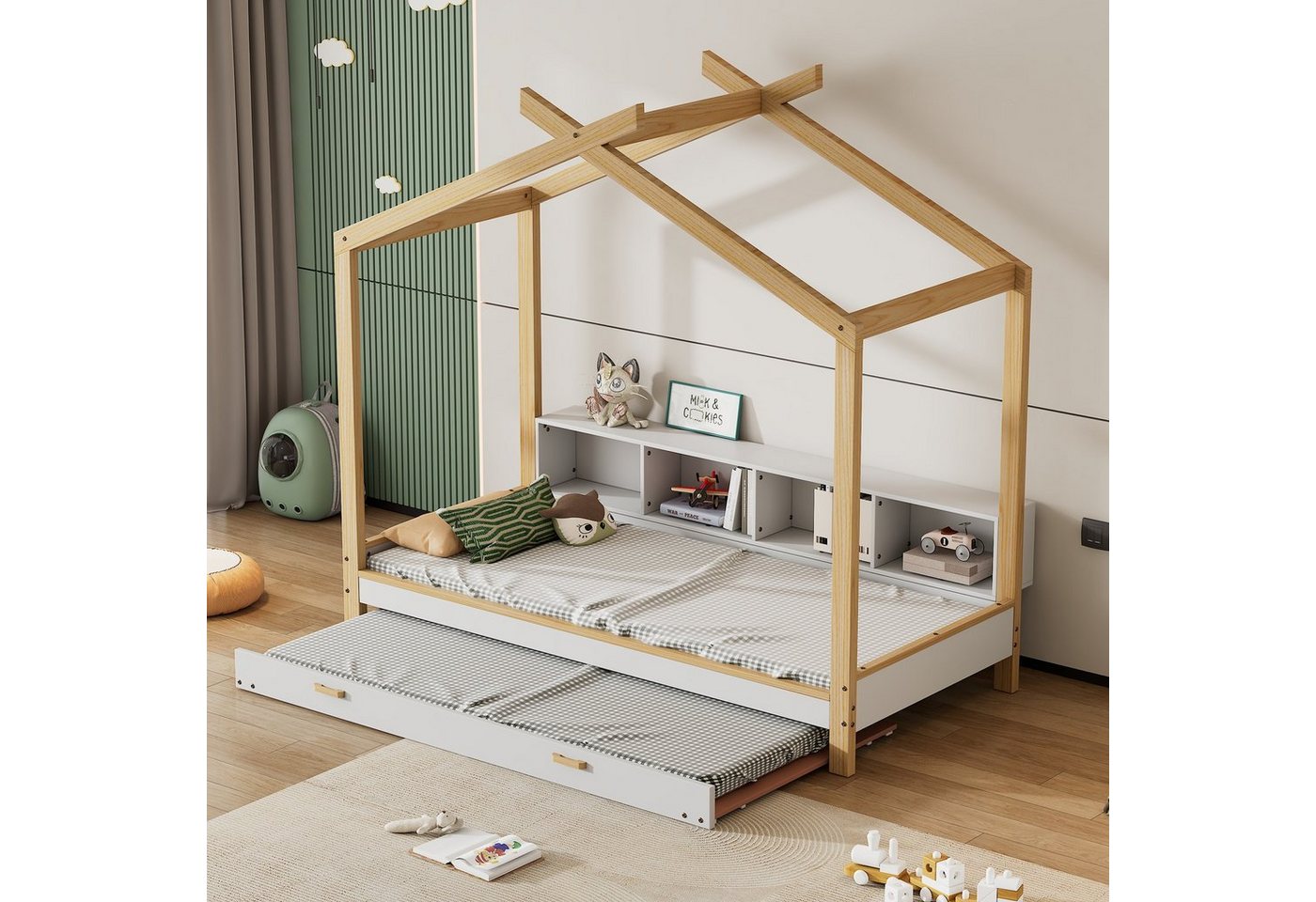 Celya Hausbett Kinderbett mit vier Fächern Regale, 90 x 200 cm Holzbett mit 90 x 190 cm Rollbett von Celya