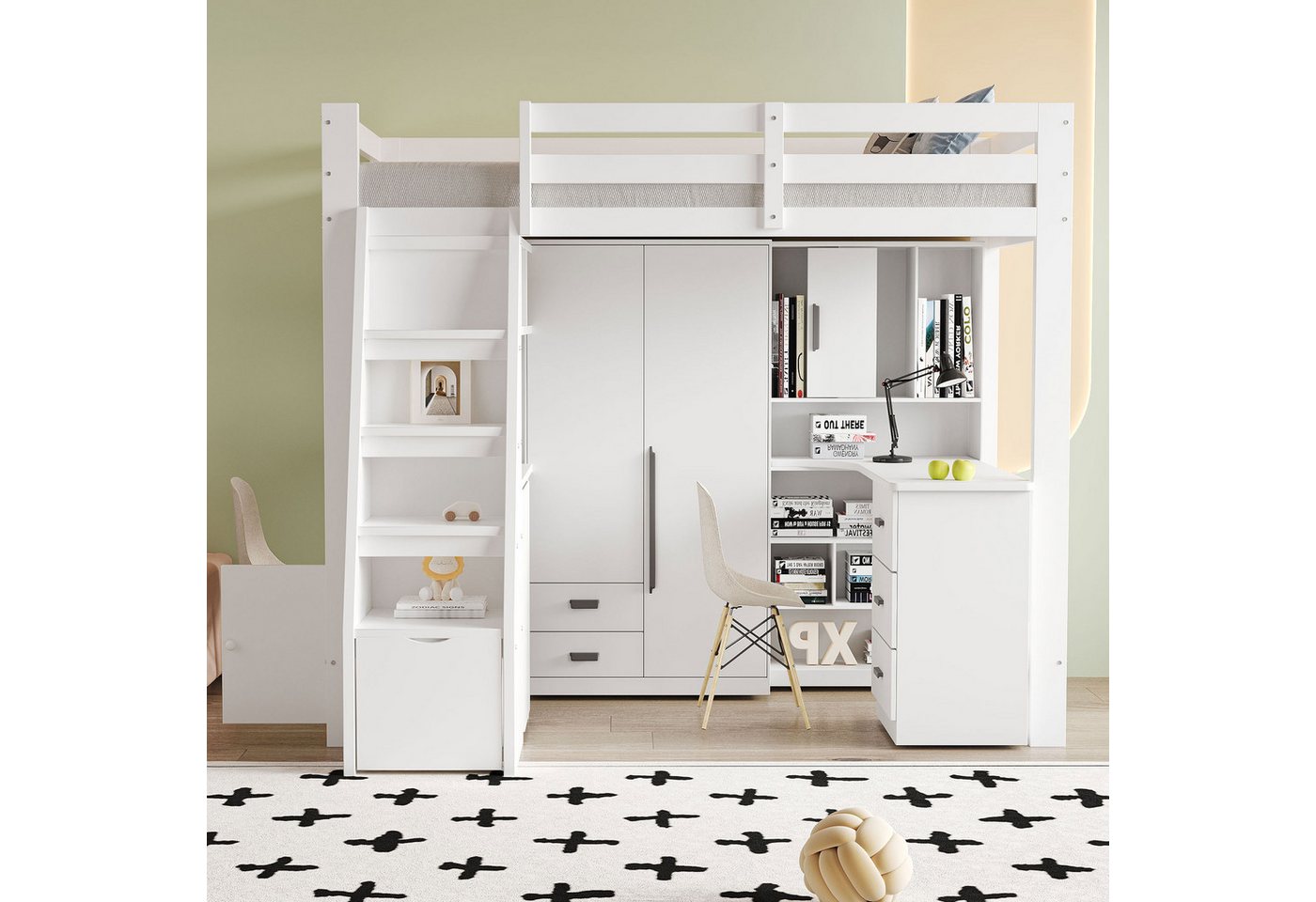 Celya Hochbett 90*200 cm, Arbeitstisch mit Regalen und Schränken (Ohne Matratze, Einzelbett Jugendbetten Kinderbetten, Massivholzrahmen) Sicherheitskletterleiter mit Stauraum, mit Stauschubladen von Celya