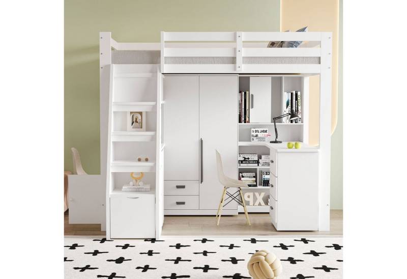 Celya Hochbett 90*200 cm, Arbeitstisch mit Regalen und Schränken (Ohne Matratze, Einzelbett Jugendbetten Kinderbetten, Massivholzrahmen) Sicherheitskletterleiter mit Stauraum, mit Stauschubladen von Celya