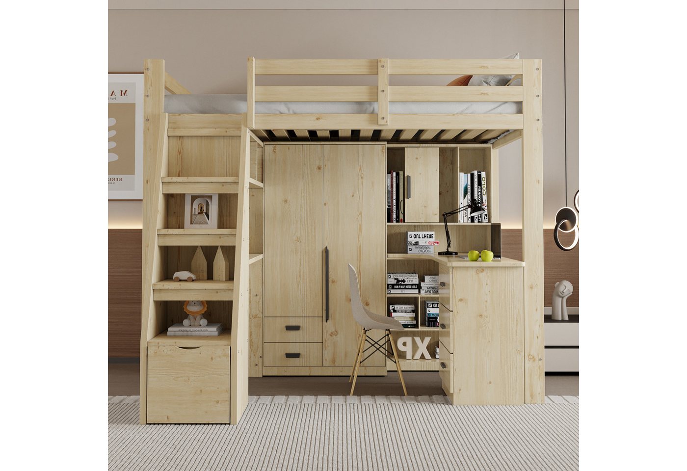 Celya Hochbett 90*200 cm, Arbeitstisch mit Regalen und Schränken (Ohne Matratze, Einzelbett Jugendbetten Kinderbetten, Massivholzrahmen) Sicherheitskletterleiter mit Stauraum, mit Stauschubladen von Celya