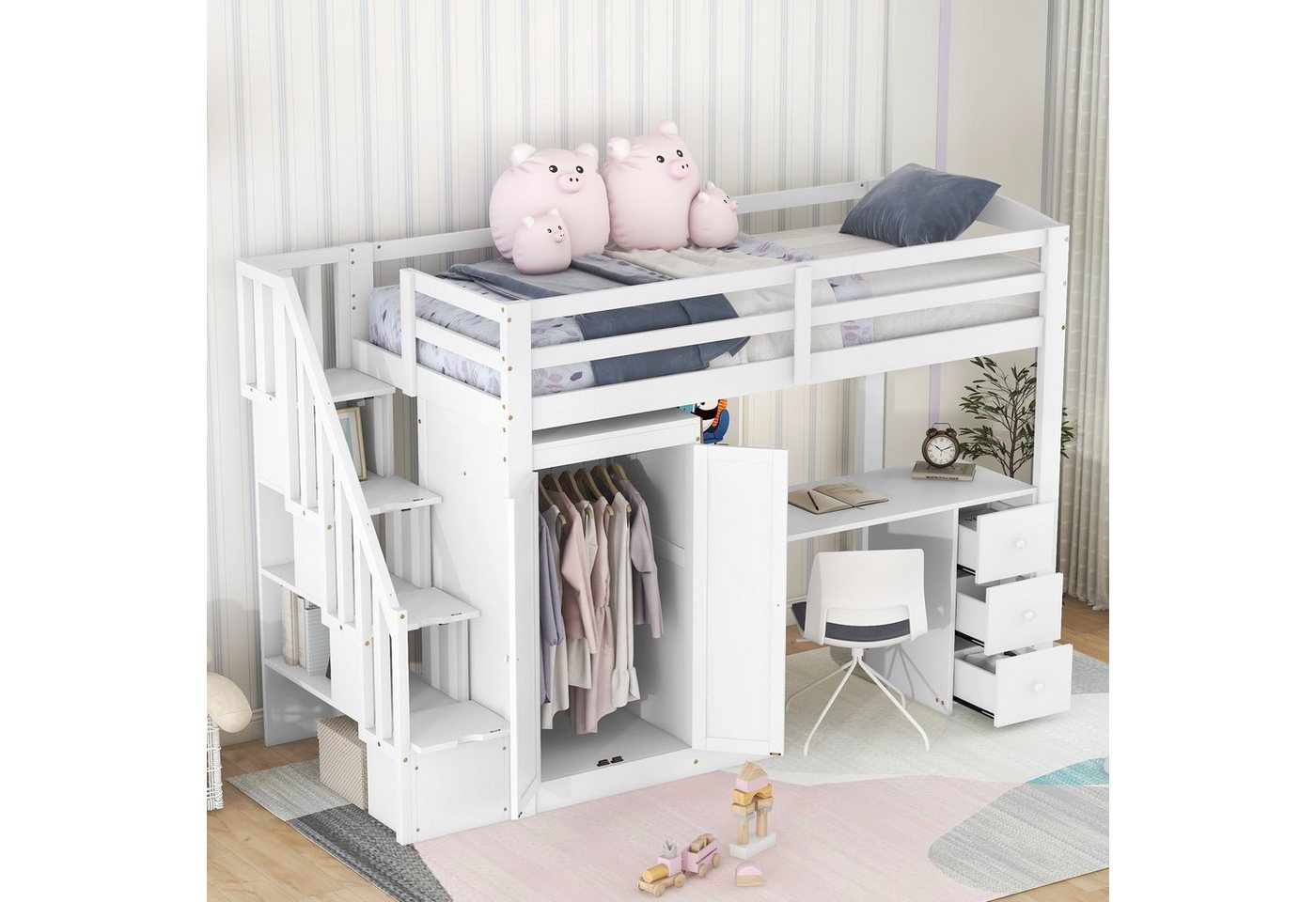 Celya Hochbett 90x200cm mit Kleiderschrank und Treppe Schreibtisch und Schubladen und Schrank in einem, Weiß von Celya
