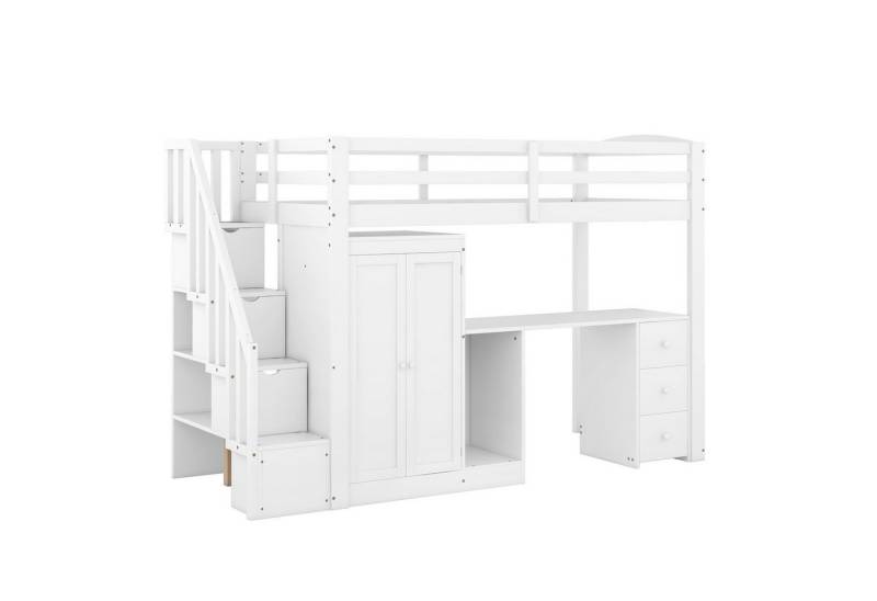 Celya Hochbett 90x200cm mit Kleiderschrank und Treppe Schreibtisch und Schubladen und Schrank in einem, Weiß von Celya