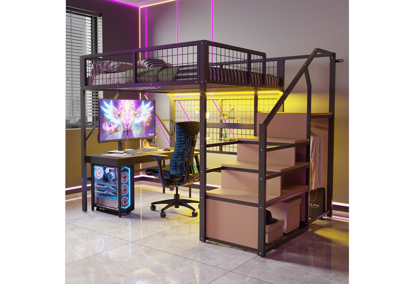 Celya Hochbett Eisenbett, Etagenbett, Hochbett 140*200 (mit Stauraum, offenem Kleiderschrank Schwarz, Metall-Hochbett mit APP-gesteuerten LED-Lichtleisten Treppe) Geeignet für Kinder und Jugendliche Vielseitiges von Celya