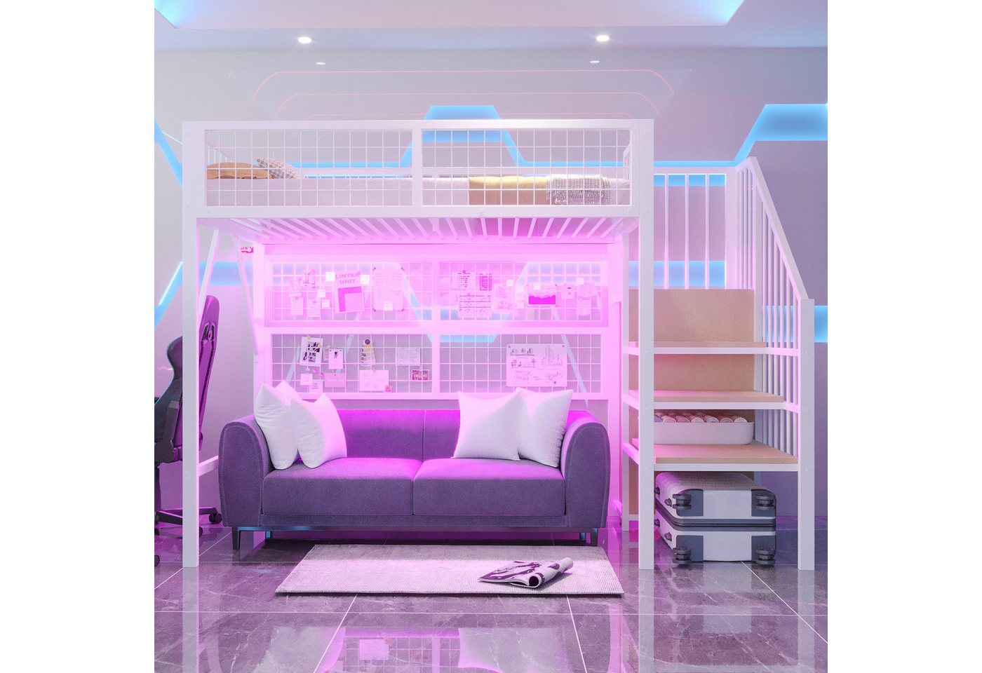 Celya Hochbett Eisenbett, Etagenbett, Hochbett mit Stauraum, offenem Kleiderschrank (Weiß, Metall-Hochbett mit APP-gesteuerten LED-Lichtleisten Treppe) 90*200, Geeignet für Kinder und Jugendliche Vielseitiges von Celya