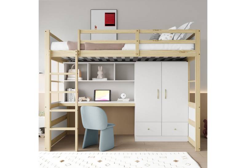Celya Hochbett Hochbett 90 x 200 cm, Mit Leiter, Mit Schreibtisch mit Stauraum (Einzelbett, Holzfarbe) Mit Kleiderschrank und Schubladen, Kinderbett, Jugendbett von Celya
