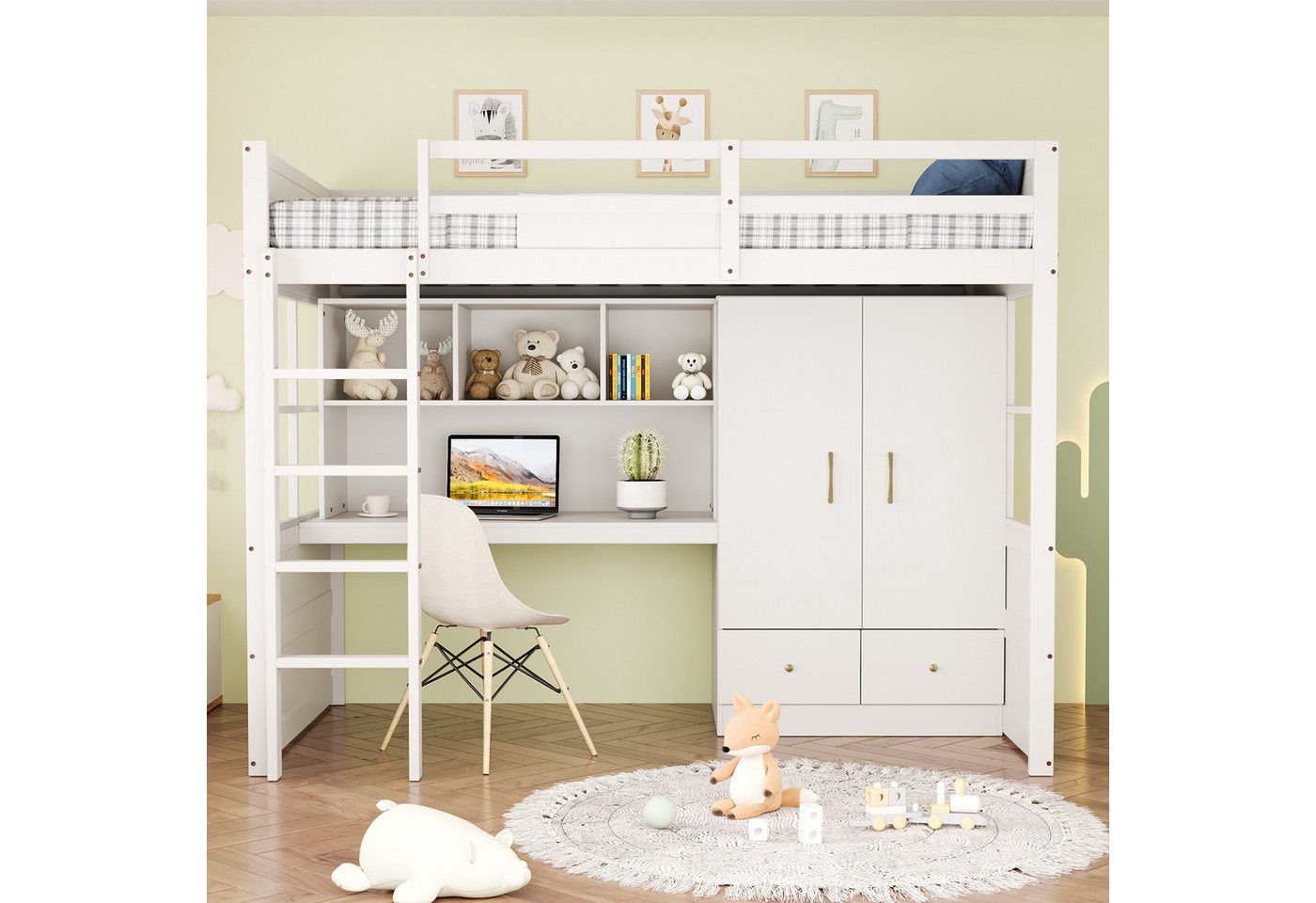 Celya Hochbett Hochbett 90 x 200 cm, Mit Leiter, Mit Schreibtisch mit Stauraum (Einzelbett, Weiß) Mit Kleiderschrank und Schubladen, Kinderbett, Jugendbett von Celya