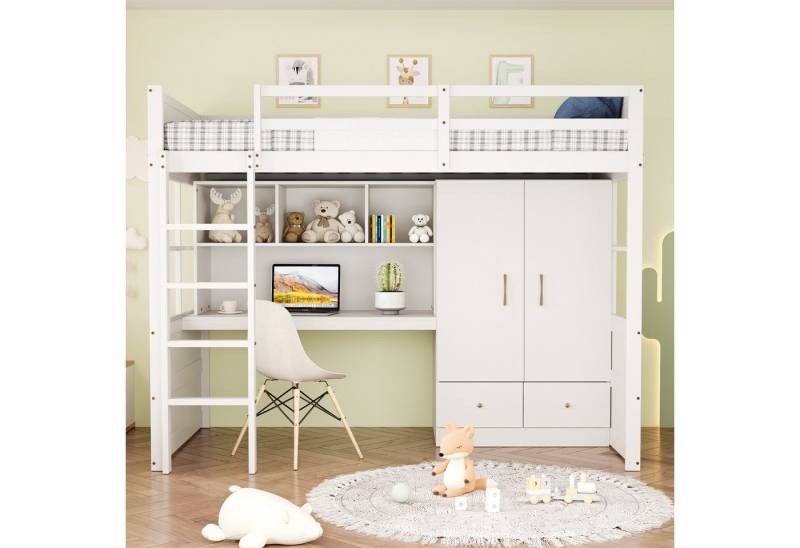 Celya Hochbett Hochbett 90 x 200 cm, Mit Leiter, Mit Schreibtisch mit Stauraum (Einzelbett, Weiß) Mit Kleiderschrank und Schubladen, Kinderbett, Jugendbett von Celya