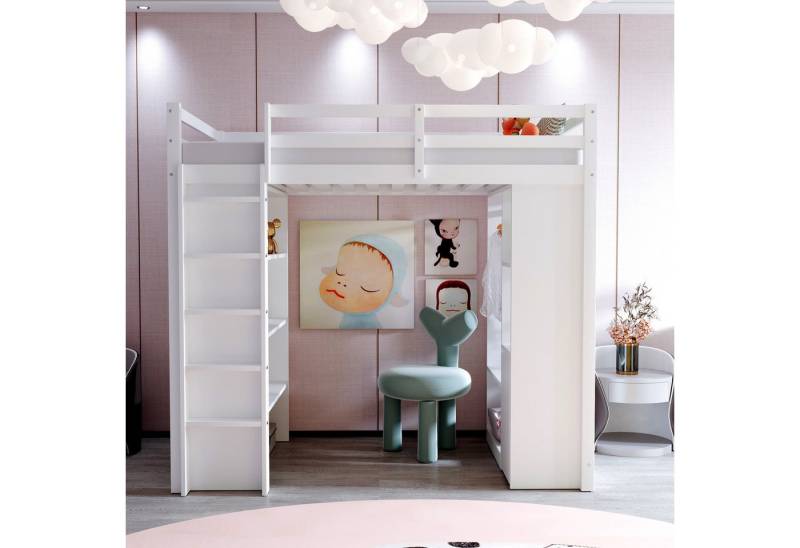 Celya Hochbett Kinderhochbett Mit Einfachen Kleiderbügeln und Ablagefächern (Viel Stauraum, Jugendbett, Einzelbett) Mit Mehrstufigen Regalen, Mit 1 Herausnehmbaren Organisationswagen von Celya