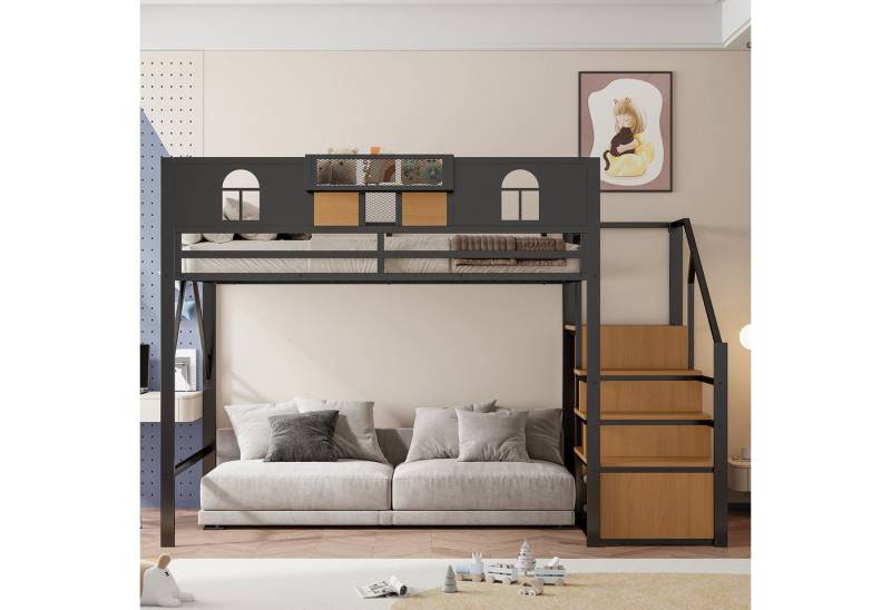Celya Hochbett Metall-Hochbett 140 x 200 cm, Mit Stauraumleiter, Fenster (Ablagefläche Am Bett, Stabiler Metallrahmen, Schwarz) Holzplatten und Netzgewebe, Einzigartige Erhöhte Umzäunung von Celya