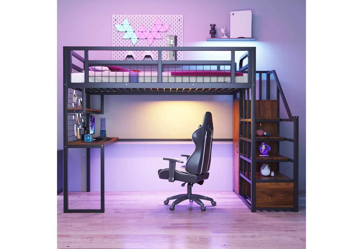 Celya Hochbett Metall-Hochbett 140 x 200 cm Mit Aufbewahrungsleiter (Stabiler Metallrahmen, Hochbett, Schwarz) Mit Einfachem Kleiderschrank, Mit Ablage, Tisch und Netzregal von Celya