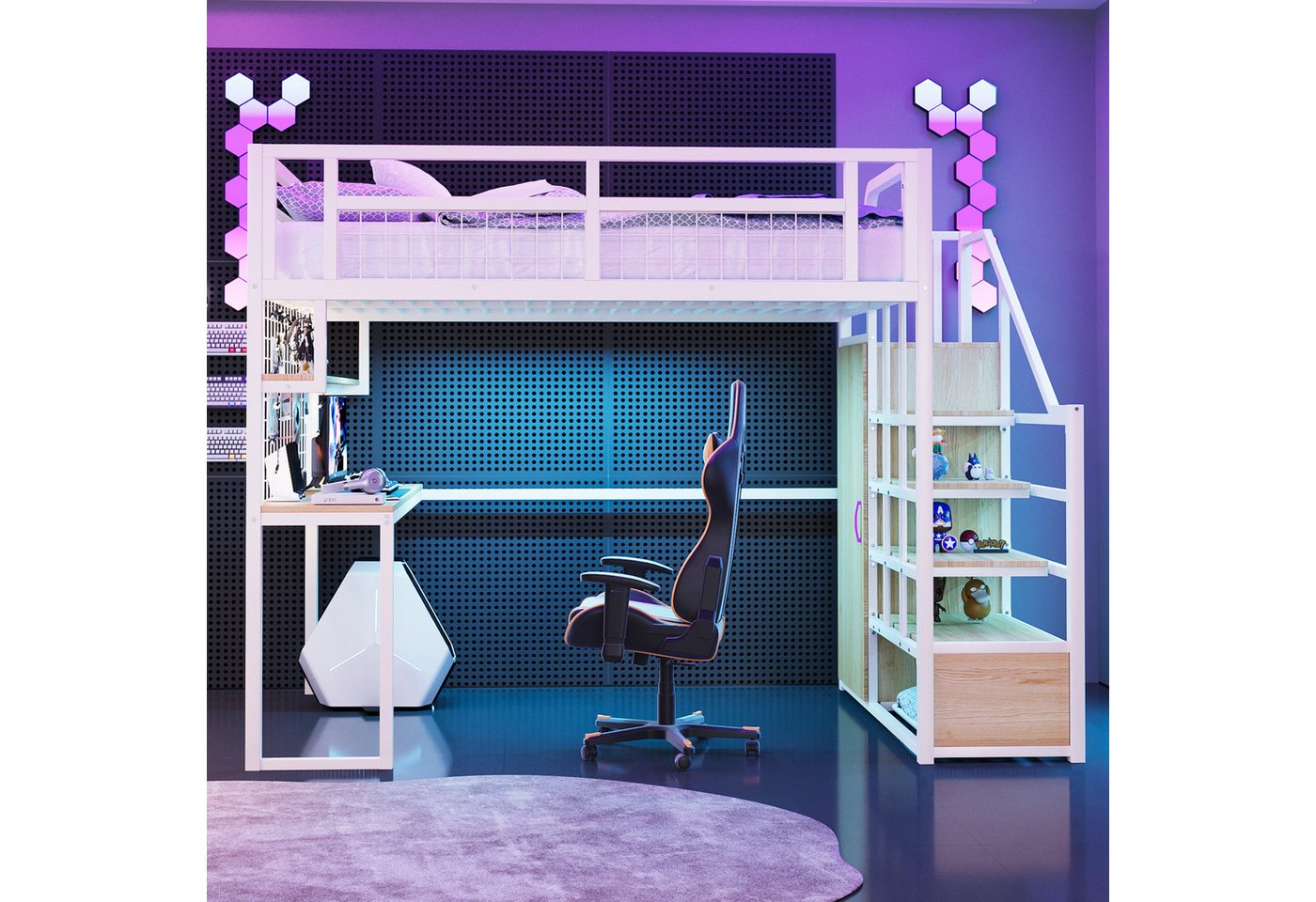 Celya Hochbett Metall-Hochbett 140 x 200 cm Mit Aufbewahrungsleiter (Stabiler Metallrahmen, Hochbett, Weiß) Mit Einfachem Kleiderschrank, Mit Ablage, Tisch und Netzregal von Celya