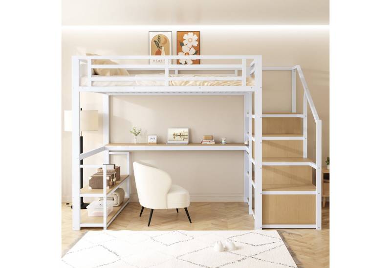 Celya Hochbett Metall-Hochbett mit Aufbewahrungsleiter mit Regalen und Tisch (140x200cm, Ohne Matratze, Hohes Eisenrahmenbett mit Metallrahmen für stabile Unterstützung) Sicherheitszaun-Design mit gespleißten Metallplanken von Celya