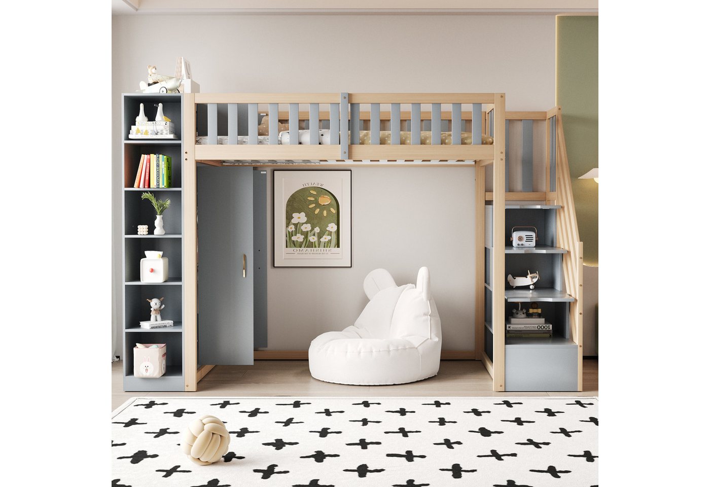 Celya Hochbett Multifunktionales Hochbett 90x200cm mit Regalen, Stauschrank (Grau + Rohholzfarben) mit großem Kleiderschrank, Sicherheitsleiter mit Ablagefächern von Celya