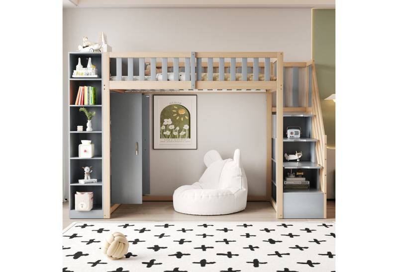 Celya Hochbett Multifunktionales Hochbett 90x200cm mit Regalen, Stauschrank (Grau + Rohholzfarben, Ohne Matratze) mit großem Kleiderschrank, Sicherheitsleiter mit Ablagefächern von Celya