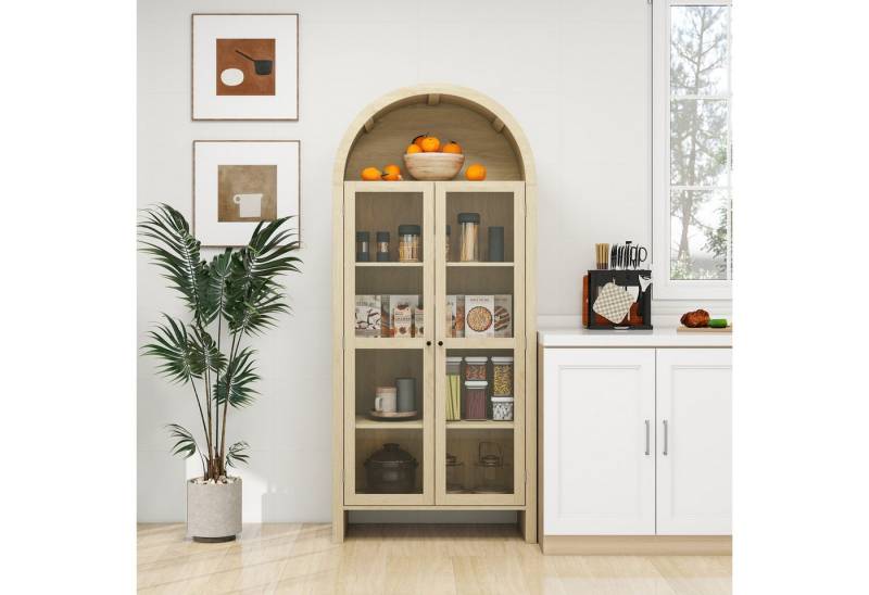 Celya Hochschrank Naturfarbener Aufbewahrungsschrank mit transparenten Acrylglastüren (Maße: 79 × 39,5 × 178 cm) Bogenförmiger multifunktionaler Hochschrank mit zwei Schubladen von Celya