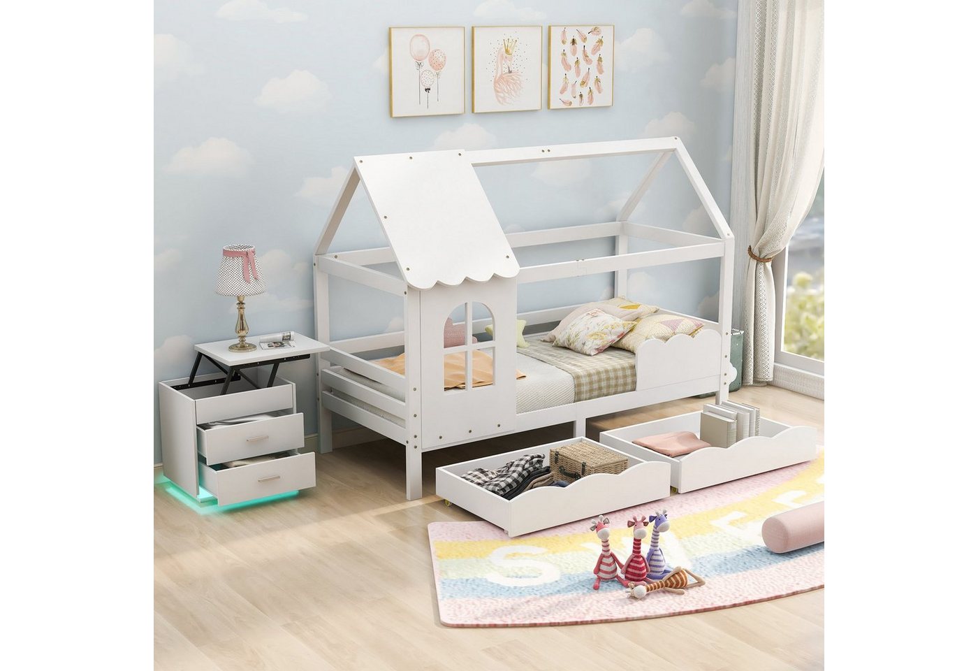 Celya Kinderbett 200x90 mit Sturzschutz, multifunktionales Kinderbett aus Holz, 2 Schubladen, Hausbaumhöhle, Mit Fenstern von Celya