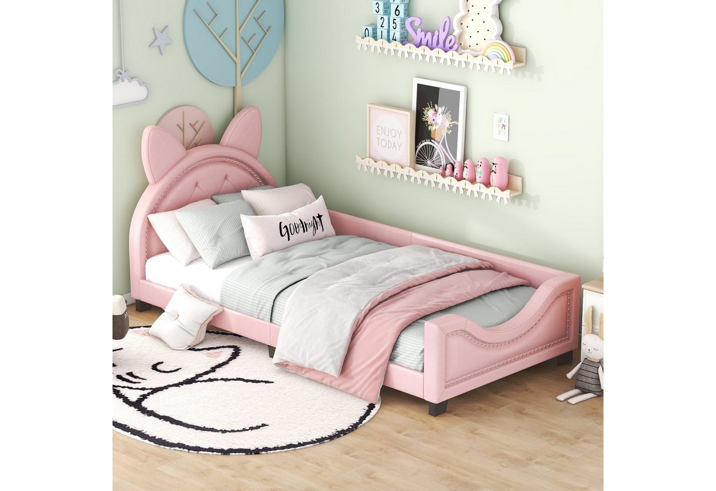 Celya Kinderbett 90 x 200 Einzelbett, Kinderbett mit Karton-Ohren Plattformbett, Kopfteil 96cm, Rosa Kinderbett, 90×200cm von Celya