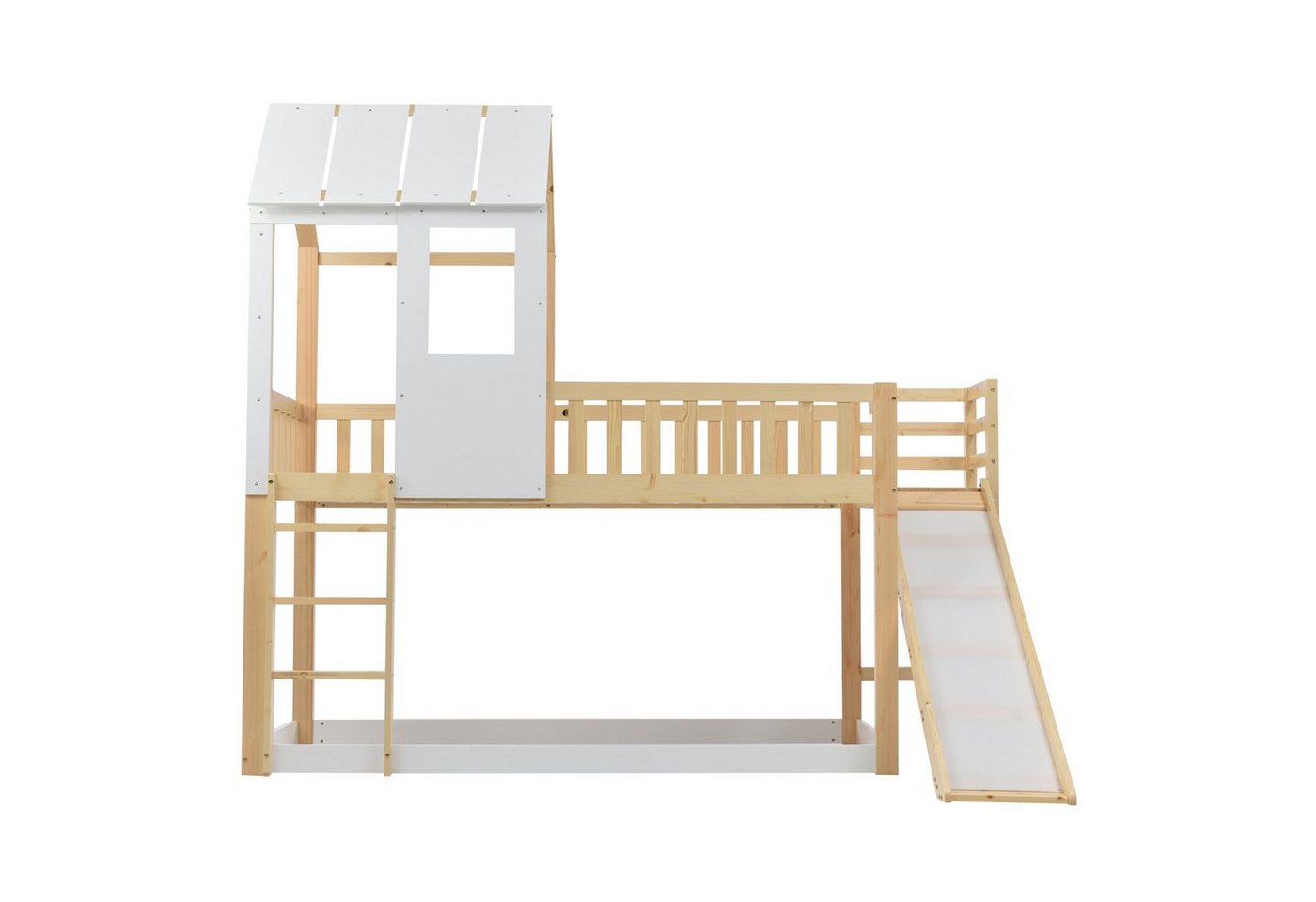 Celya Kinderbett 90x200cm Etagenbett mit rechtwinkliger Leiter und Rutsche, Hausbett, mit Dach und Fenster, Kinderbett mit Fallschutz und Gitter, Rahmen aus Kiefer von Celya