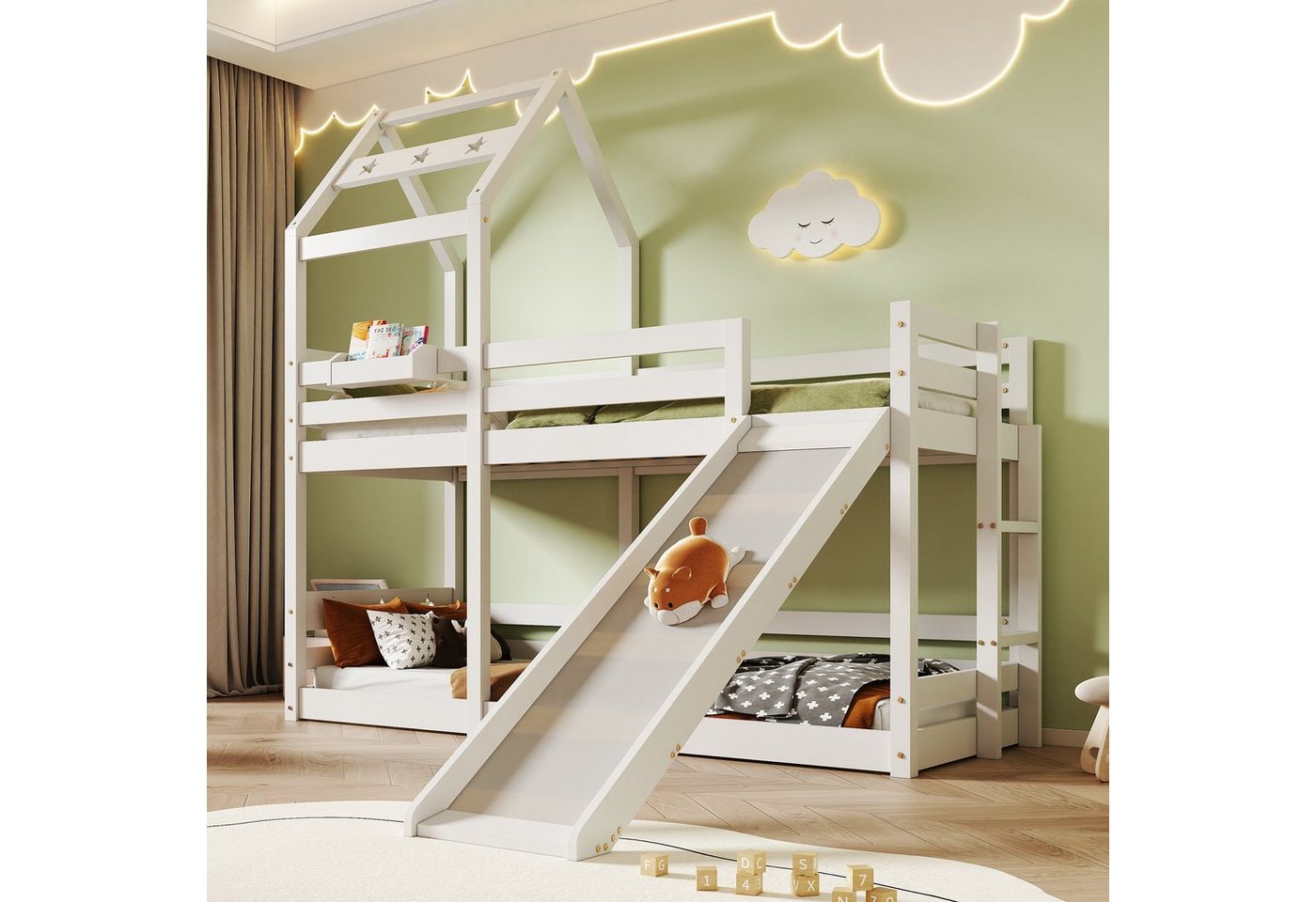Celya Kinderbett Baumhaus 90 x 200 cm mit Rutsche und Leiter, Hochbett für Kinder, 2 x Lattenrost, Weiß von Celya