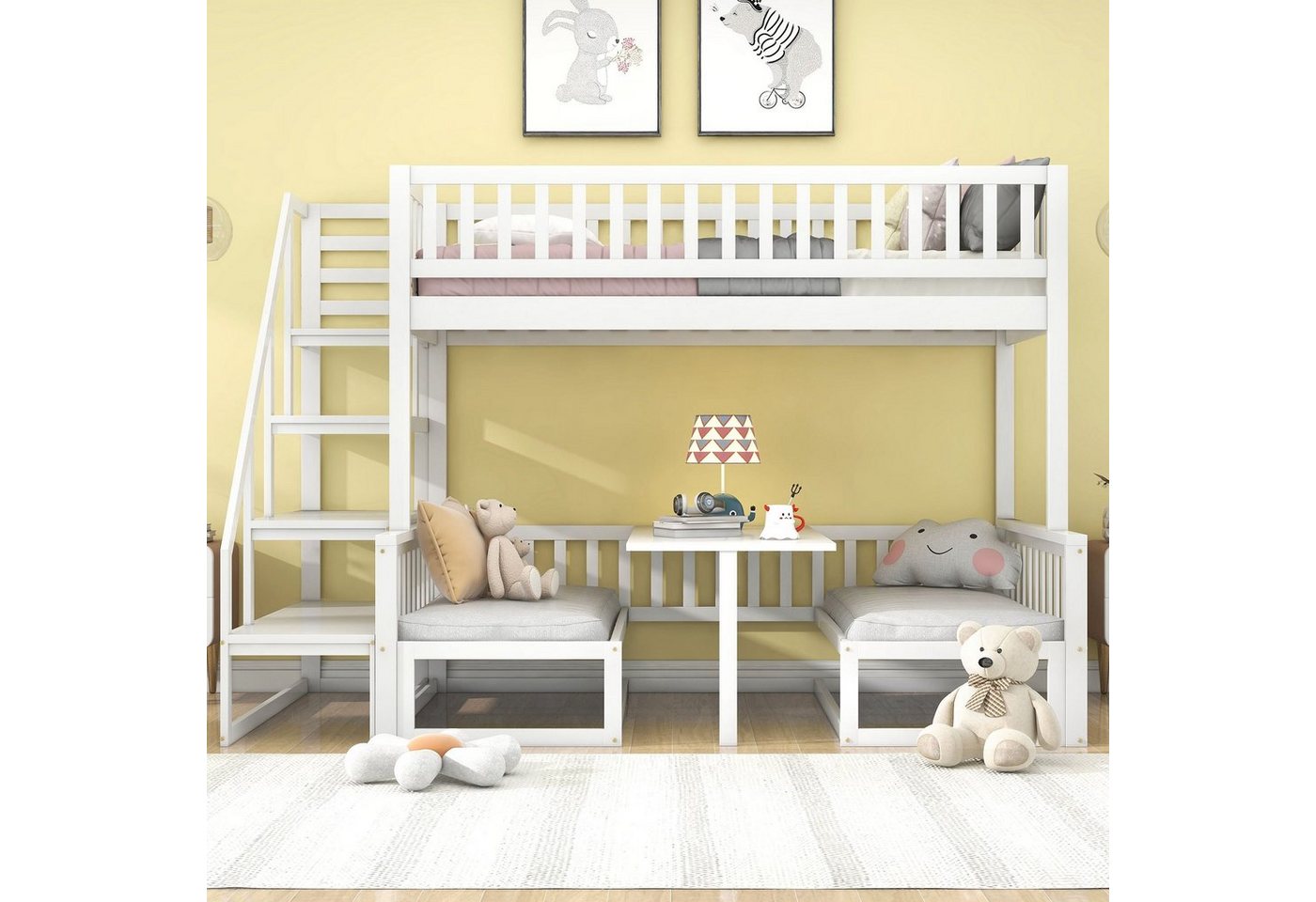 Celya Kinderbett Doppelbett 90 × 200cm und 120 × 200cm mit verstellbarem Tisch, Platzersparnis Vierseitiges Geländer Sicherheitsleiter mit Handlauf von Celya