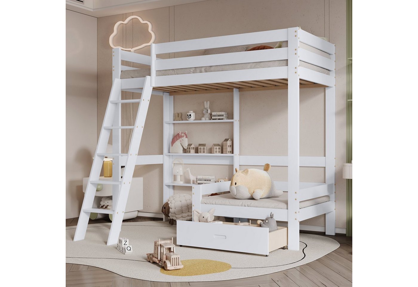 Celya Kinderbett Etagenbett mit Regalen und Sofa,Holzbett mit einer Schublade,90x200, Kinderbett mit fünfstufiger Schrägleiter Bettrahmen aus Massivholz von Celya