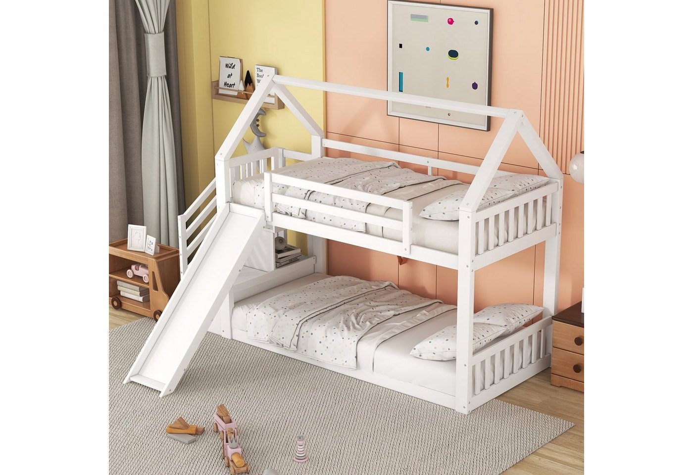 Celya Kinderbett Etagenbett mit Stauraumtreppe und Rutsche, Hausbett, Geländer, 90×200cm, geeignet für Kinder, Jugendliche von Celya